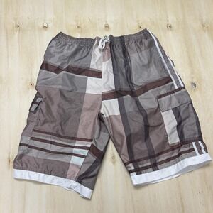 Vintage 90s Banana Split Swim Shorts Mens XL Brown Plaid Drawstring Cargo Trunks